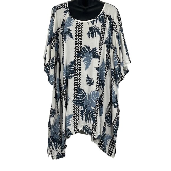 Kamohoalii Womens XXL Rayon Kaftan Top Blue Fern Tunic Scoop Aloha Hawaiian EUC - Picture 1 of 10